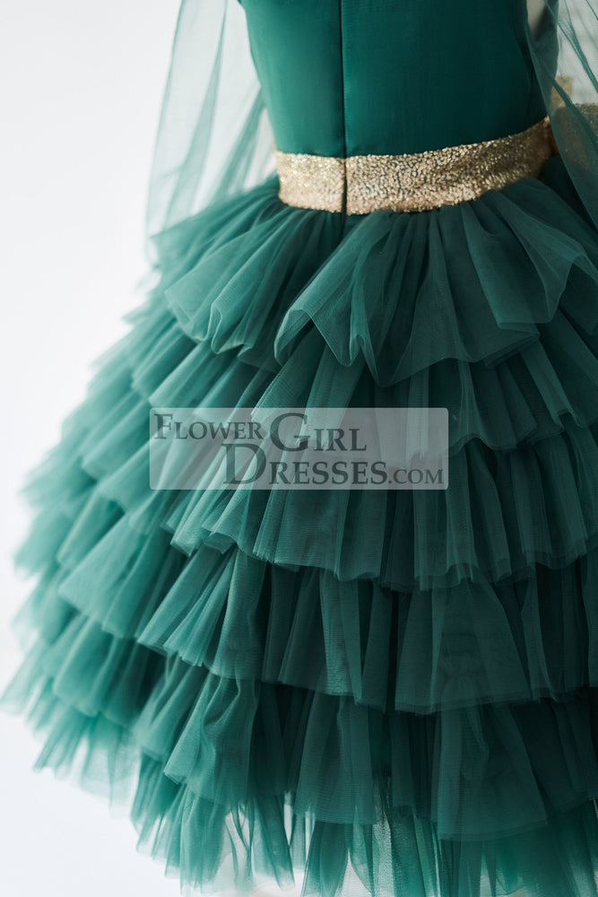 Long Sleeves Green Tulle Cupcake Wedding Flower Girl Dress Kids Party Dress
