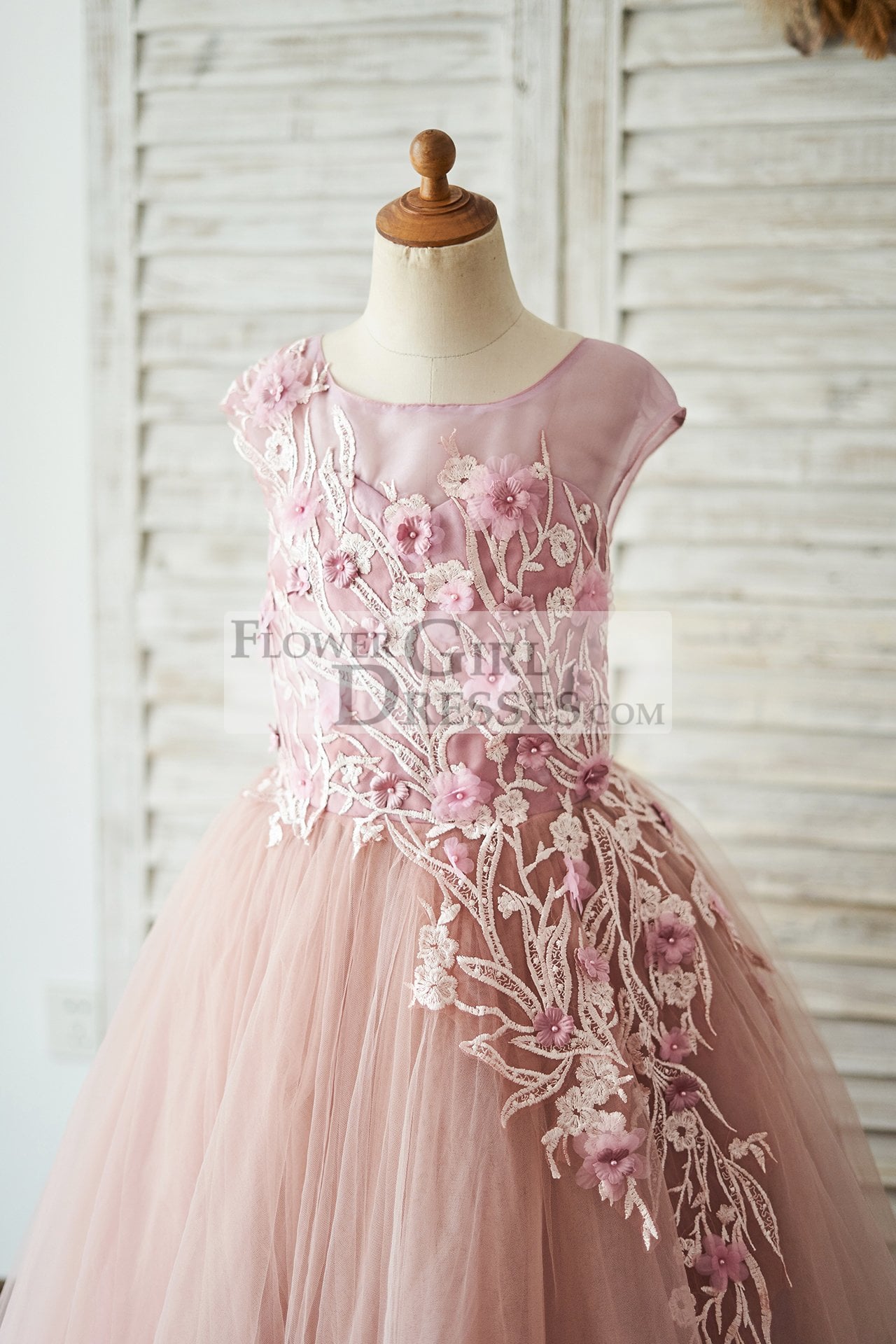 Mauve Lace Tulle 3D Flowers V Back Cap Sleeves Wedding Flower Girl