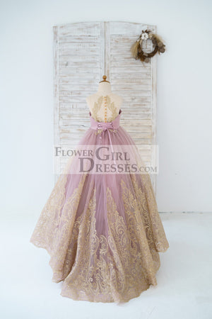 Mauve Tulle Gold Lace Sheer Back Wedding Flower Girl Dress Kids Party Dress