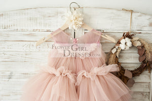 Mauve Tulle V Neck Wedding Flower Girl Dress with Beading