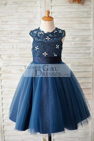 Navy Blue Lace Glitter Tulle Beaded Cross Back Wedding Flower Girl Dress