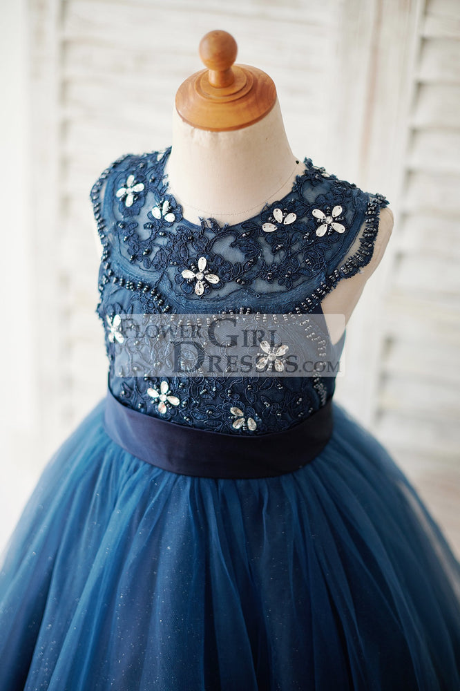 Navy Blue Lace Glitter Tulle Beaded Cross Back Wedding Flower Girl Dress