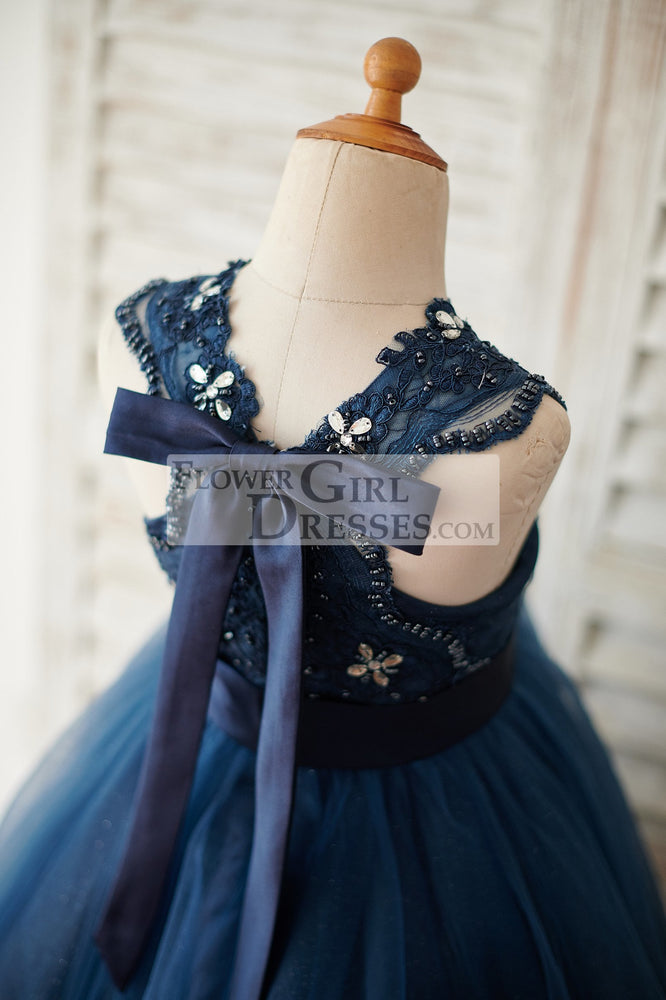 Navy Blue Lace Glitter Tulle Beaded Cross Back Wedding Flower Girl Dress