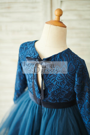 Navy Blue Lace Tulle Long Sleeves Wedding Flower Girl Dress