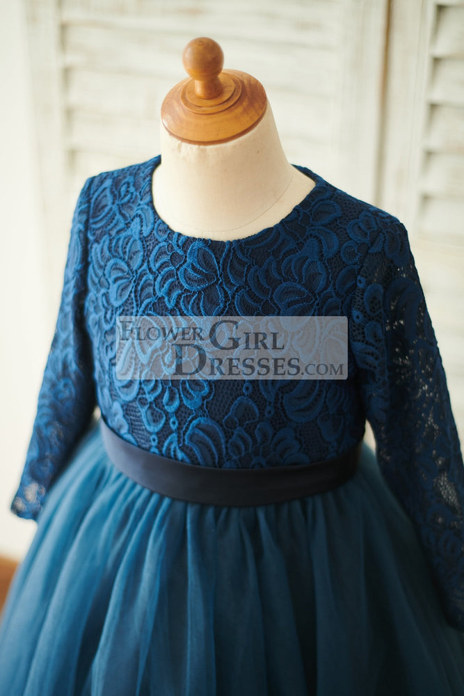 Navy Blue Lace Tulle Long Sleeves Wedding Flower Girl Dress