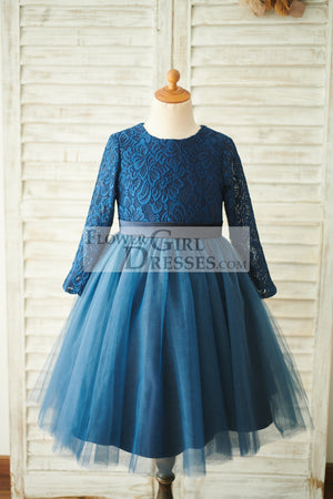 Navy Blue Lace Tulle Long Sleeves Wedding Flower Girl Dress