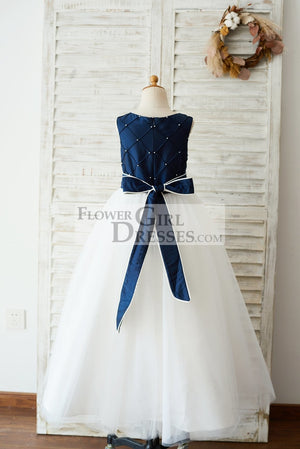 Navy Blue Taffeta Ivory Tulle Wedding Party Flower Girl Dress with Pearls