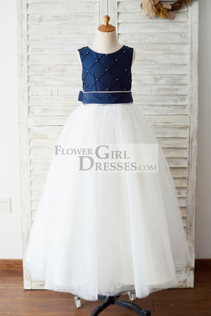 Navy Blue Taffeta Ivory Tulle Wedding Party Flower Girl Dress with Pearls