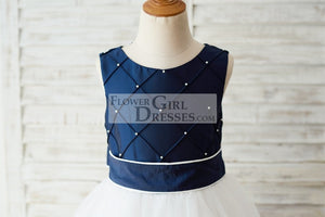 Navy Blue Taffeta Ivory Tulle Wedding Party Flower Girl Dress with Pearls