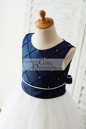 Navy Blue Taffeta Ivory Tulle Wedding Party Flower Girl Dress with Pearls