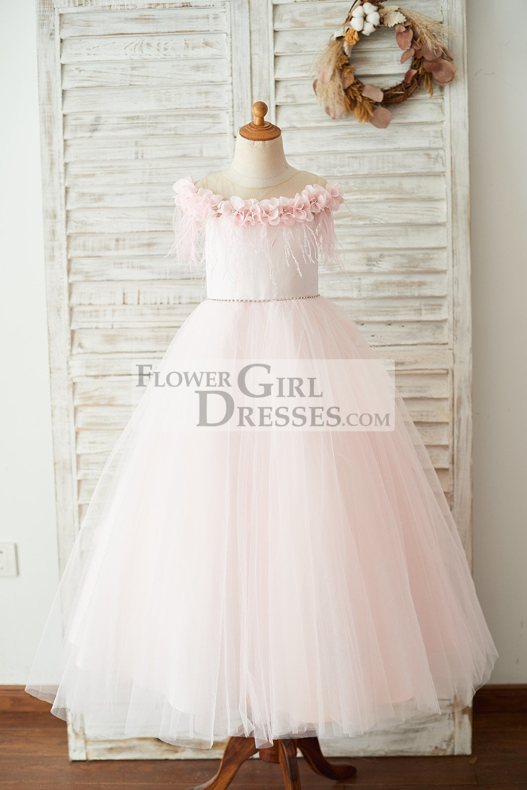 Off Shoulder Pink Tulle Feathers V Back Wedding Party Flower Girl Dres