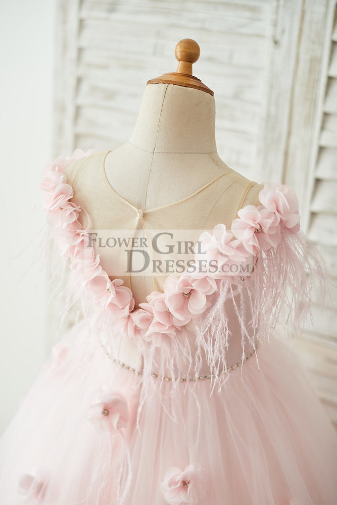 Off Shoulder Pink Tulle Feathers Wedding Party Flower Girl Dress