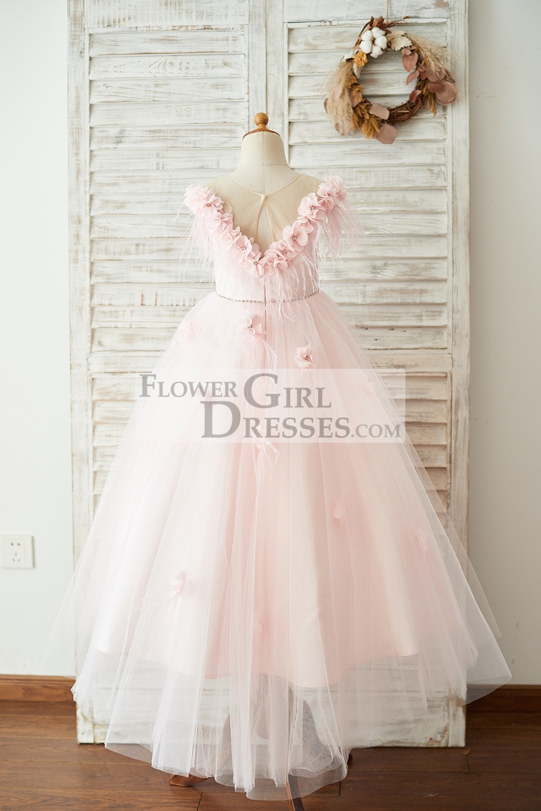 Off Shoulder Pink Tulle Feathers V Back Wedding Party Flower Girl