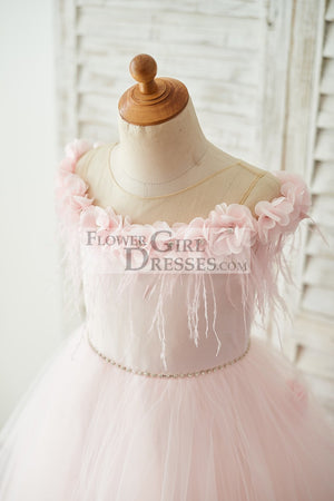 Off Shoulder Pink Tulle Feathers Wedding Party Flower Girl Dress