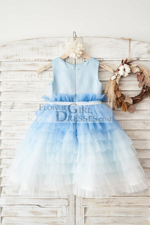 Ombre Blue Glittering Tulle Cupcake Wedding Flower Girl Dress