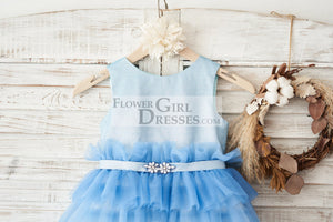 Ombre Blue Glittering Tulle Cupcake Wedding Flower Girl Dress