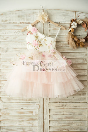 One Shoulder Floral Organza Pink Tulle Cupcake Wedding Flower Girl Dress