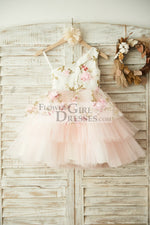 One Shoulder Floral Organza Pink Tulle Cupcake Wedding Flower Girl Dress