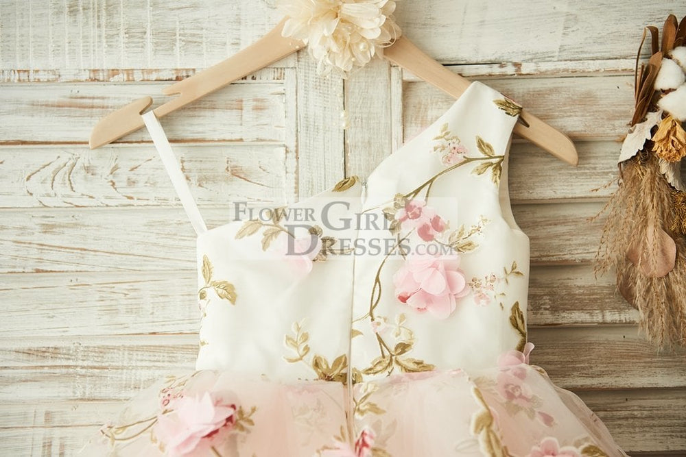 One Shoulder Floral Organza Pink Tulle Cupcake Wedding Flower Girl Dress