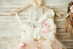 One Shoulder Floral Organza Pink Tulle Cupcake Wedding Flower Girl Dress