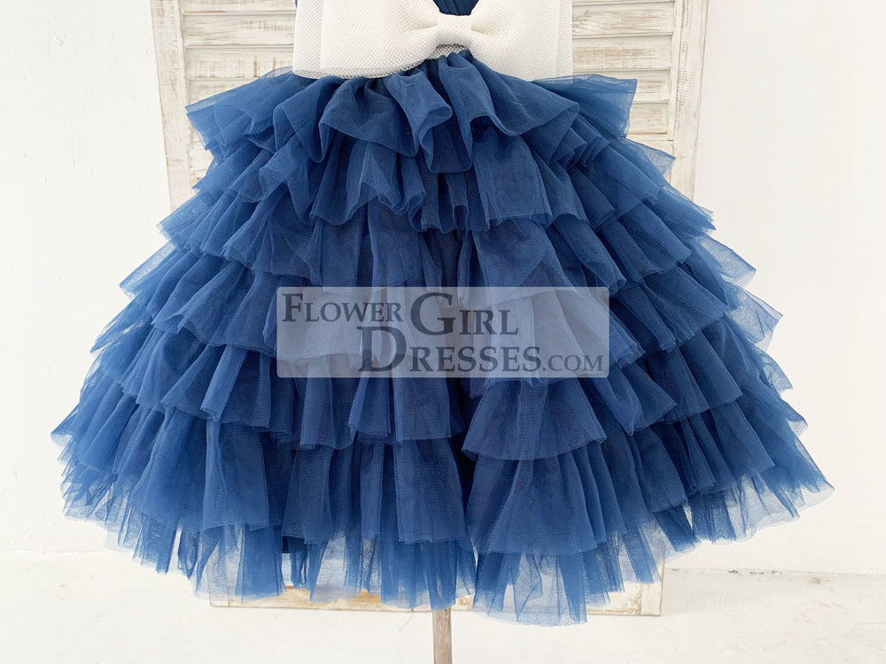 One Shoulder Navy Blue Cupcake Tulle Wedding Flower Girl Dress Kids Party Dress