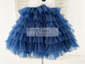 One Shoulder Navy Blue Cupcake Tulle Wedding Flower Girl Dress Kids Party Dress