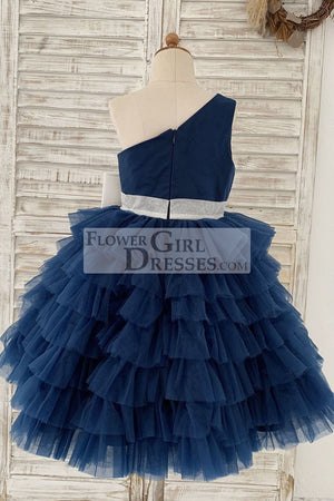 One Shoulder Navy Blue Cupcake Tulle Wedding Flower Girl Dress Kids Party Dress