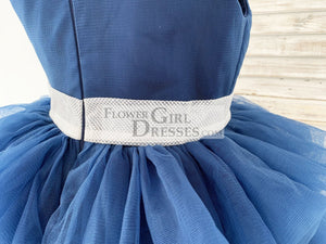 One Shoulder Navy Blue Cupcake Tulle Wedding Flower Girl Dress Kids Party Dress