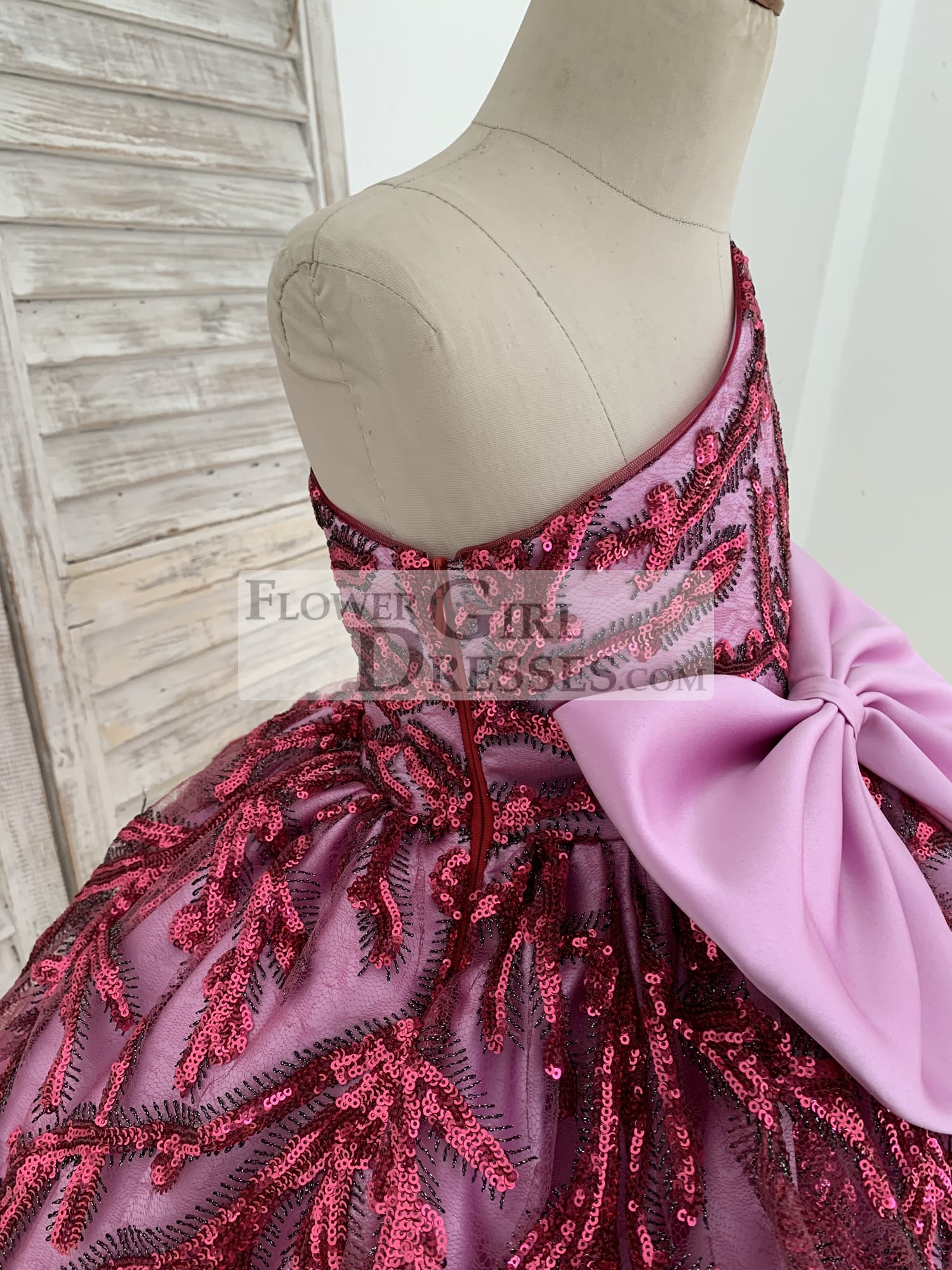 One Shoulder Single Sleeve Fuchsia Sequin Satin Wedding Flower Girl Dr –  Flower Girl Dresses