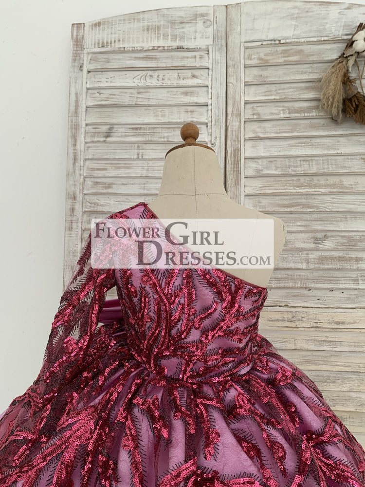 One Shoulder Single Sleeves Fuchsia Sequin Satin Wedding Flower Girl Dress Kids Birthday Party Dress