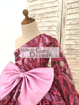 One Shoulder Single Sleeves Fuchsia Sequin Satin Wedding Flower Girl Dress Kids Birthday Party Dress