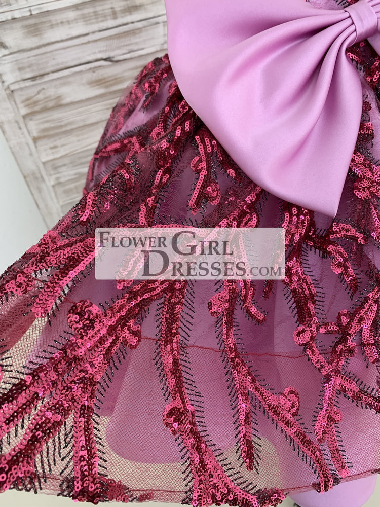 One Shoulder Single Sleeves Fuchsia Sequin Satin Wedding Flower Girl Dress Kids Birthday Party Dress