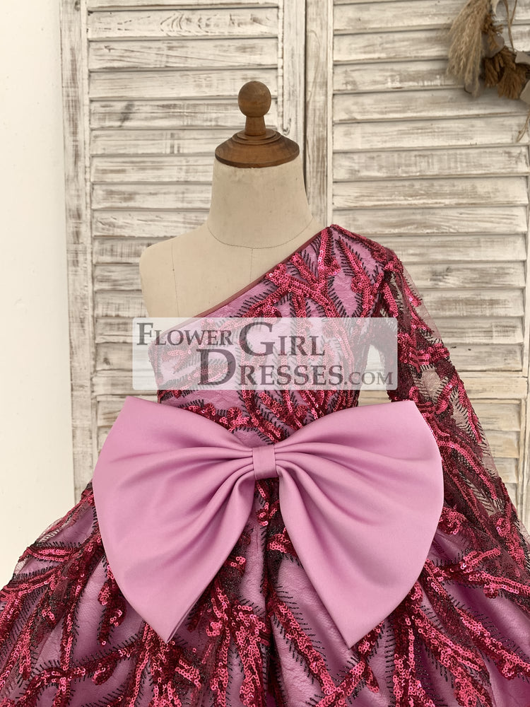 One Shoulder Single Sleeves Fuchsia Sequin Satin Wedding Flower Girl Dress Kids Birthday Party Dress