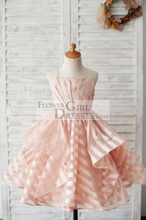 Peach Pink Stripe Organza Spaghetti Straps Wedding Flower Girl Dress