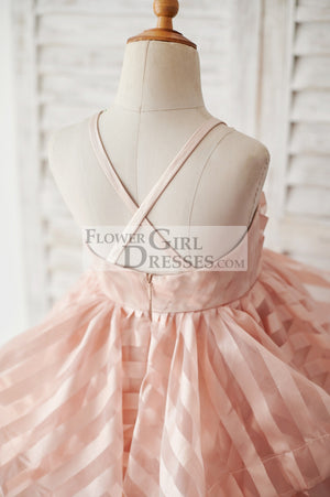 Peach Pink Stripe Organza Spaghetti Straps Wedding Flower Girl Dress