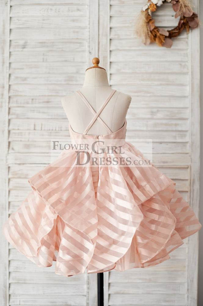 Peach Pink Stripe Organza Spaghetti Straps Wedding Flower Girl Dress