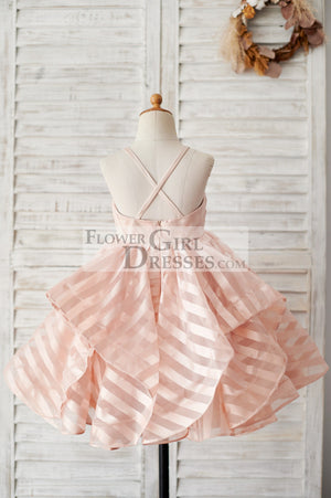 Peach Pink Stripe Organza Spaghetti Straps Wedding Flower Girl Dress