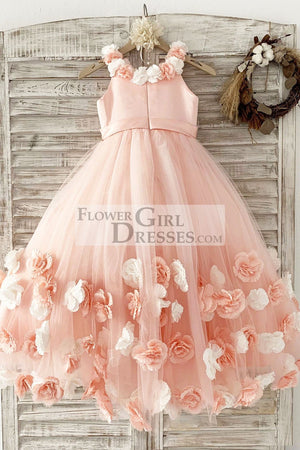 Pink 3D Flowers Wedding Flower Girl Dress Kids Party Dress