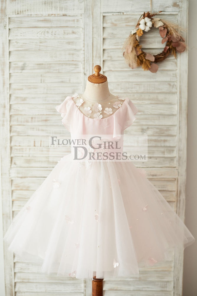 Pink Chiffon Tulle Sheer Neck Wedding Flower Girl Dress