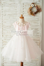 Pink Chiffon Tulle Sheer Neck Wedding Flower Girl Dress