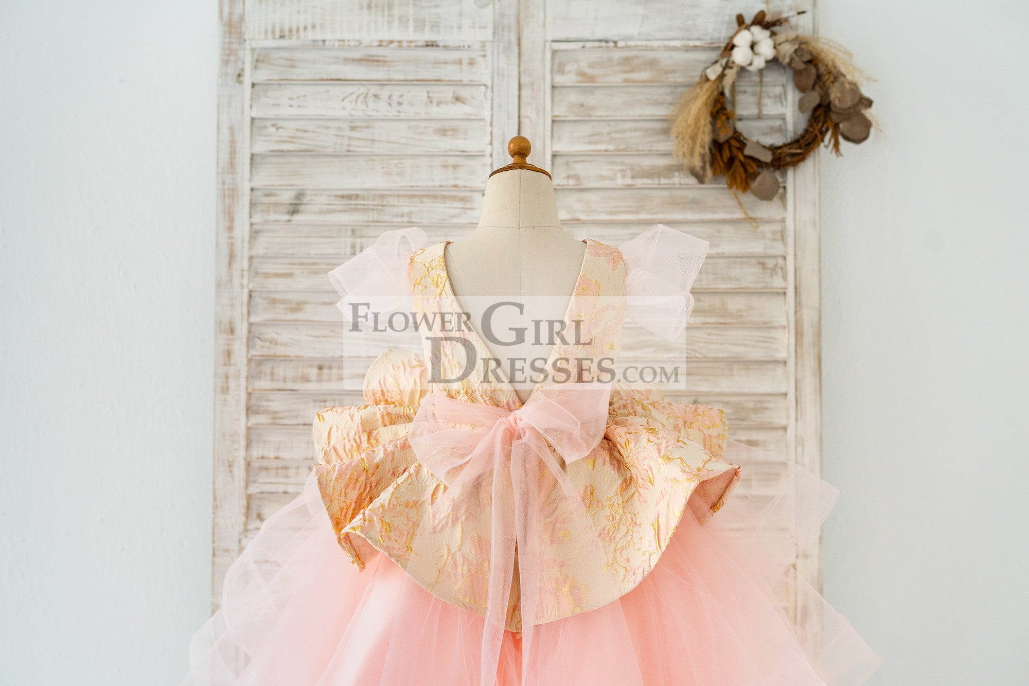 Pink Jacquard Hi Low Tulle Wedding Flower Girl Dress Kids Party Dress