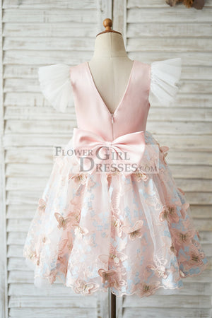 Pink Satin Butterfly Tulle Ruffle Cap Sleeves V Back Wedding Flower Girl Dress