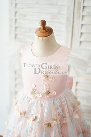 Pink Satin Butterfly Tulle Ruffle Cap Sleeves V Back Wedding Flower Girl Dress