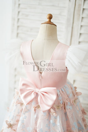 Pink Satin Butterfly Tulle Ruffle Cap Sleeves V Back Wedding Flower Girl Dress