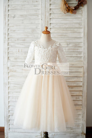 Princess Short Elbow Sleeves Ivory Lace Champagne Tulle Wedding Flower Girl Dress