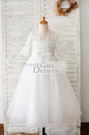 Princess Short Elbow Sleeves Ivory Lace Tulle Wedding Flower Girl Dress