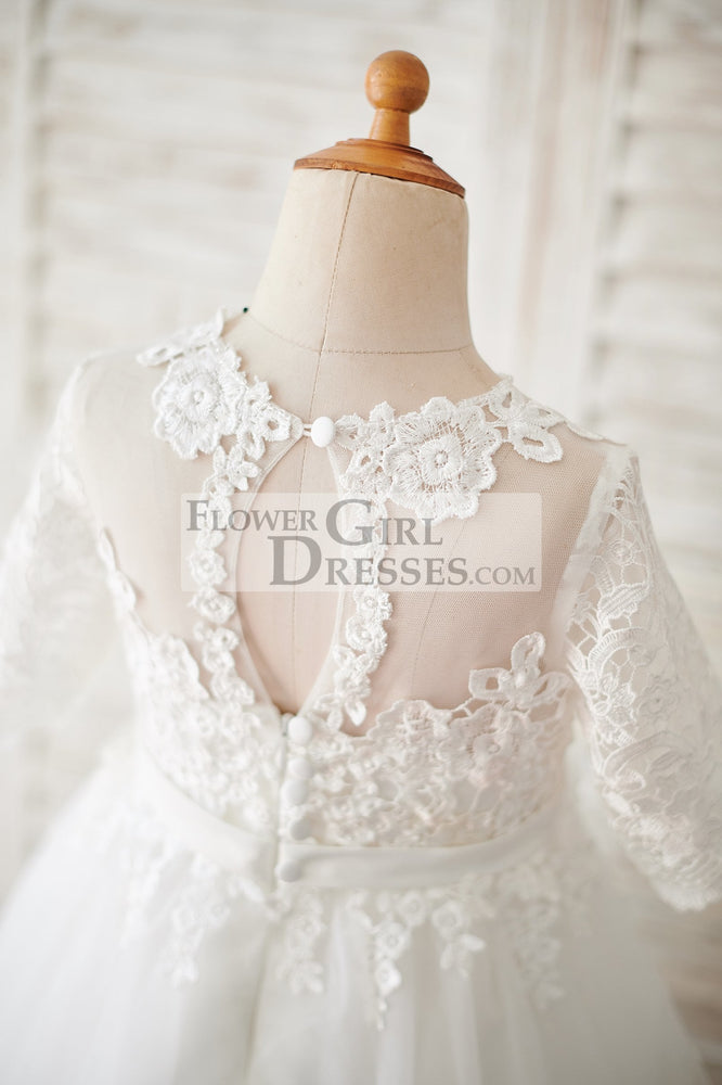 Princess Short Elbow Sleeves Ivory Lace Tulle Wedding Flower Girl Dress