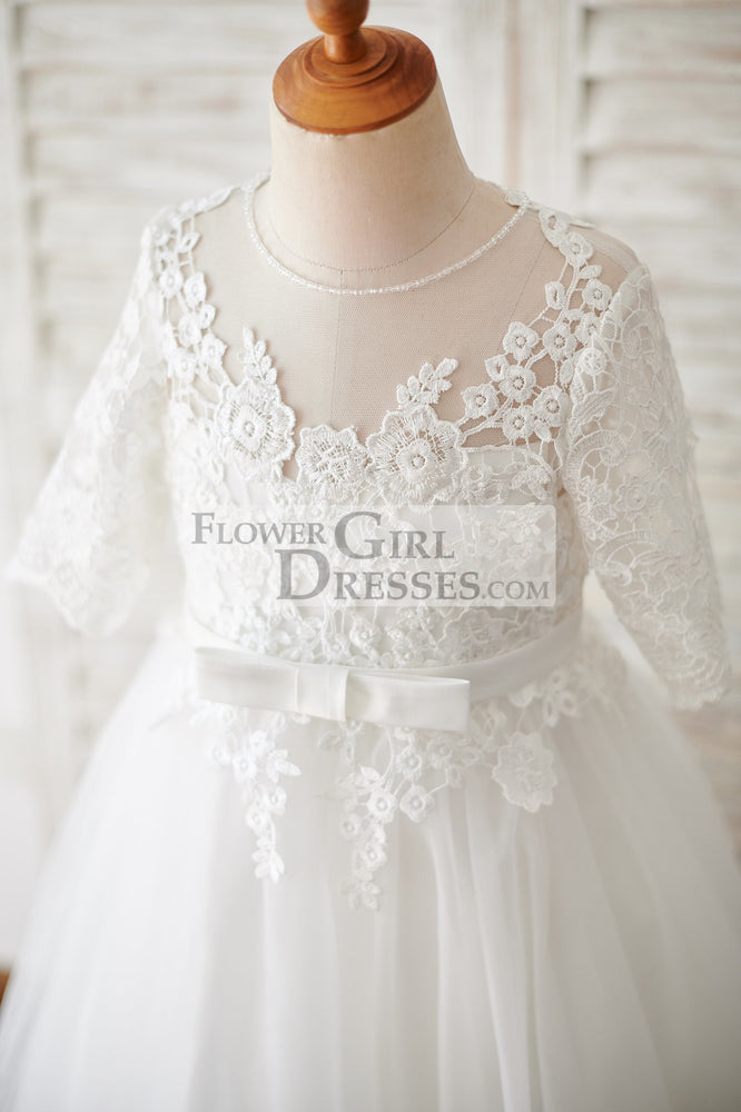 Princess Short Elbow Sleeves Ivory Lace Tulle Wedding Flower Girl Dress