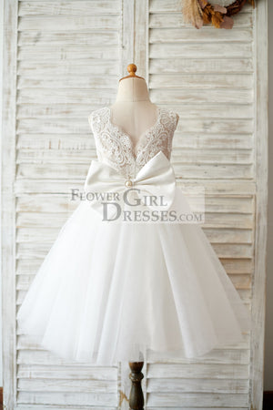 Princess V Back Ivory Lace Tulle Wedding Flower Girl Dress with Big Bow