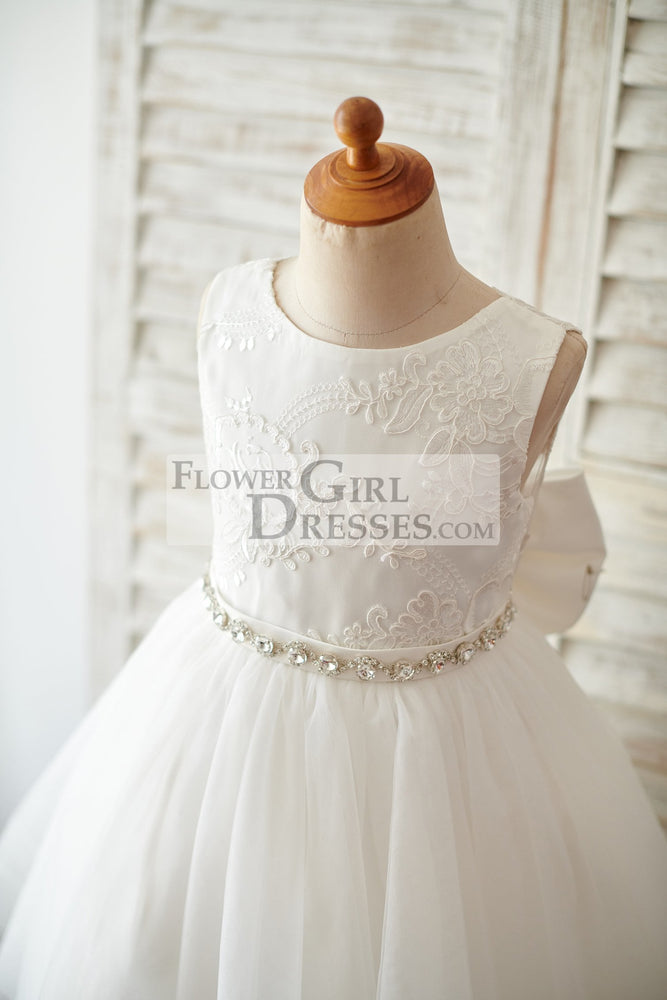 Princess V Back Ivory Lace Tulle Wedding Flower Girl Dress with Big Bow